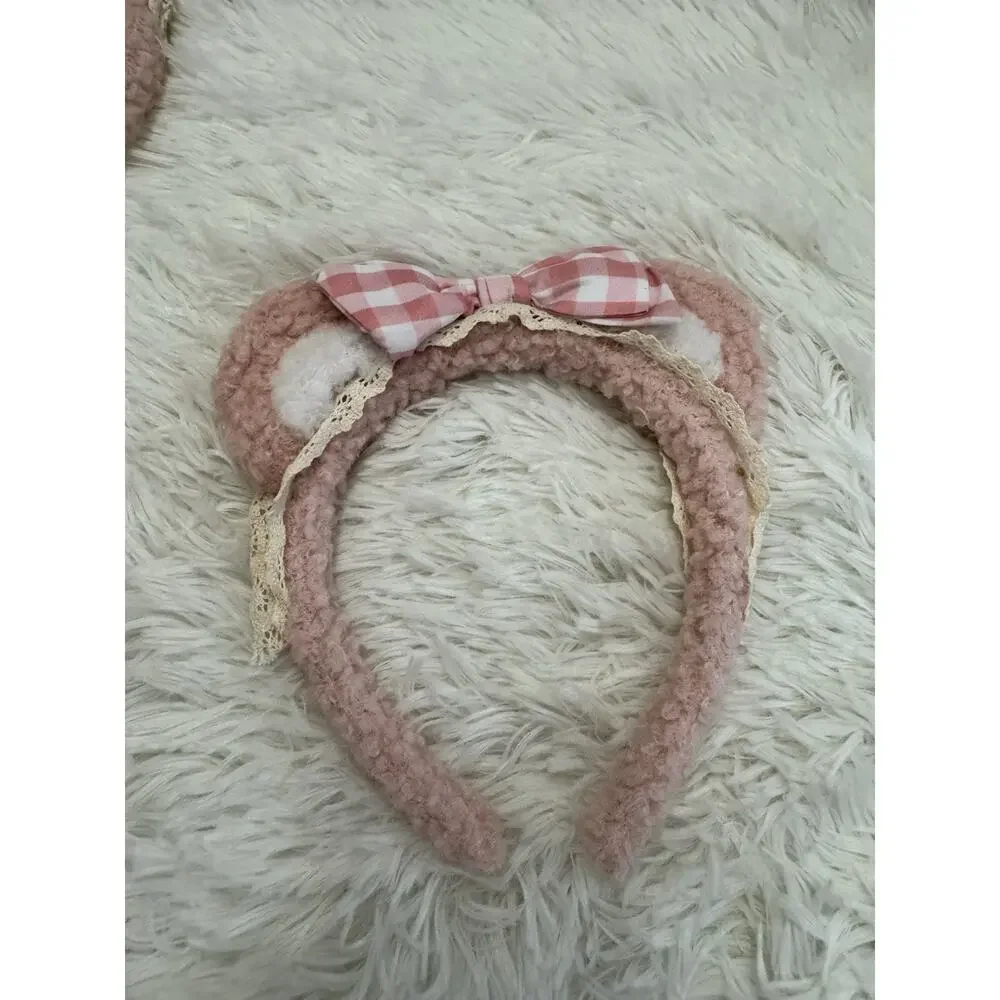 Pink Bear Ears Headband Cosplay Fuzzy Head Band Makeup Spa Costume
